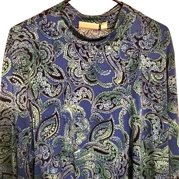 Susan Graver Liquid Knit Mock Collar Blue Green Tunic Blouse, Plus Size 3X - Picture 4 of 9